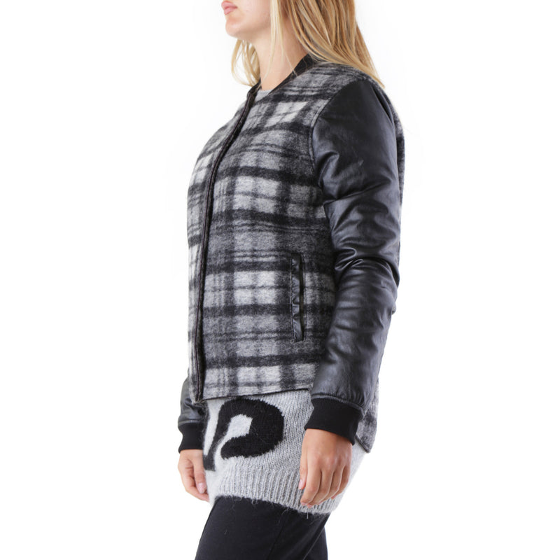 Veste longue en laine à carreaux noire avec poches avant