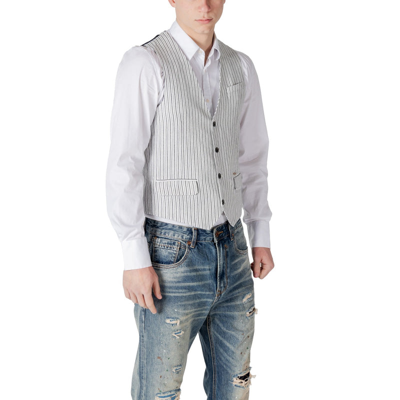 Gianni Lupo Black Pinstripe Linen Cotton Gilet for Men