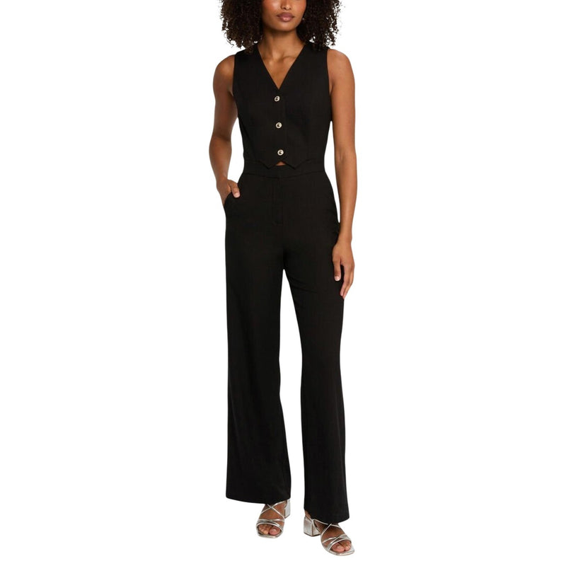 Black Sleeveless Button Front Jumpsuit with Pockets