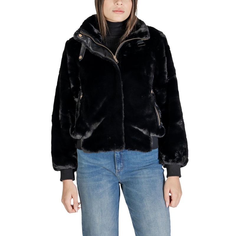 Black Polyester Blazer with Zip and Pockets for Women