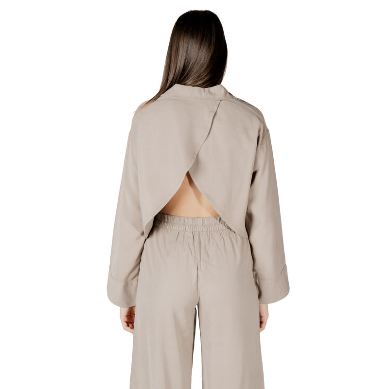 Beige Viscose Long Sleeve Round Neck Blouse for Women