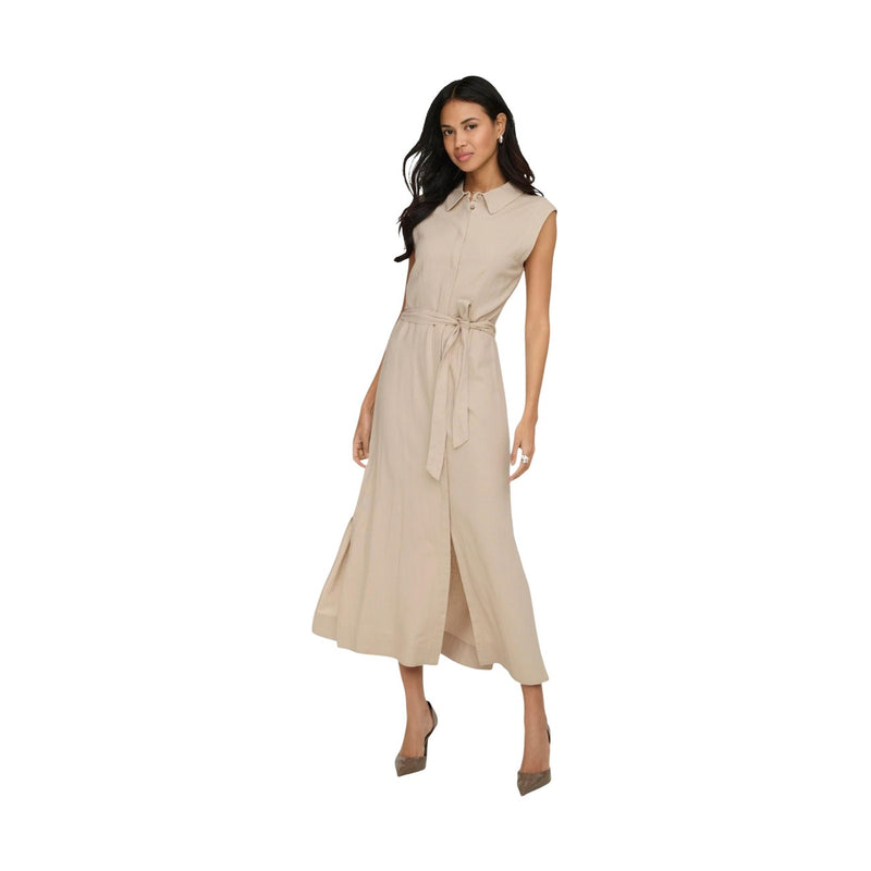 Robe en lin viscose beige sans manches avec ceinture