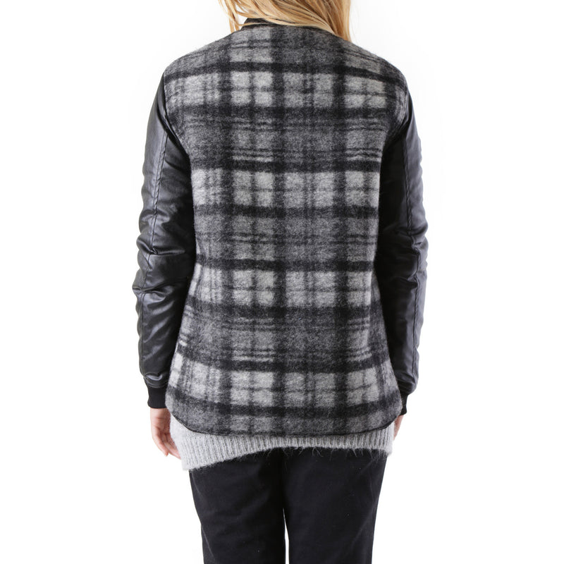 Veste longue en laine à carreaux noire avec poches avant