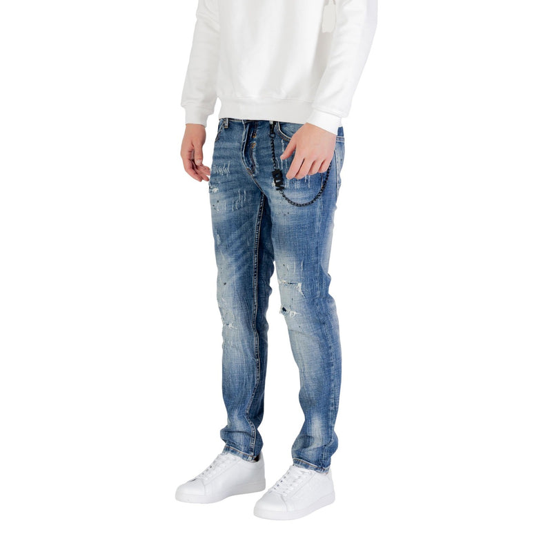 Blue Distressed Cotton Stretch Jeans for Men