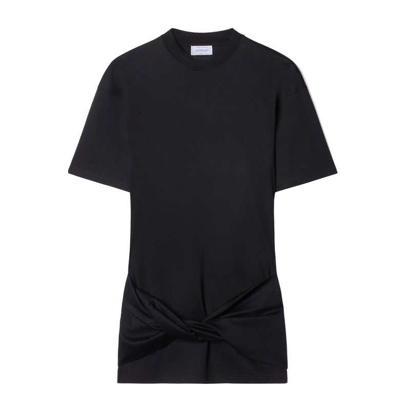Black Mini Dress with Sculptural Heels and Knotted Detail