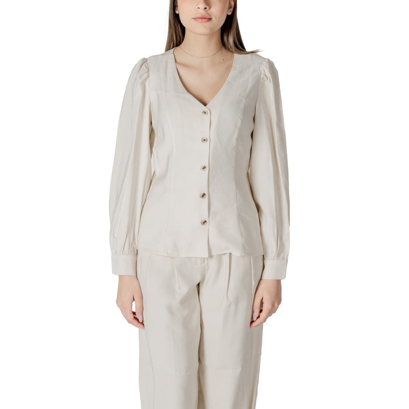 White Long Sleeve V-Neck Viscose Blouse for Women