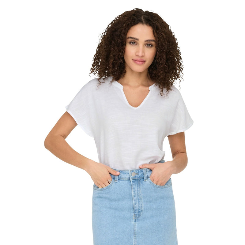 Jacqueline De Yong White Short Sleeve V Neck Linen Viscose Blouse