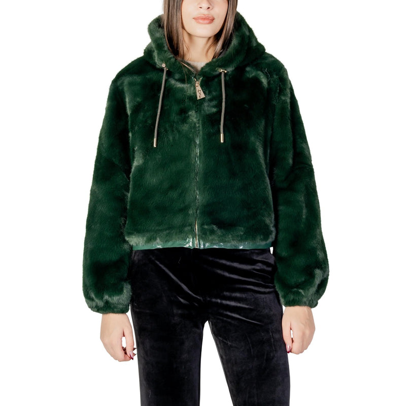 Green Hooded Polyester Blazer with Zip for Women