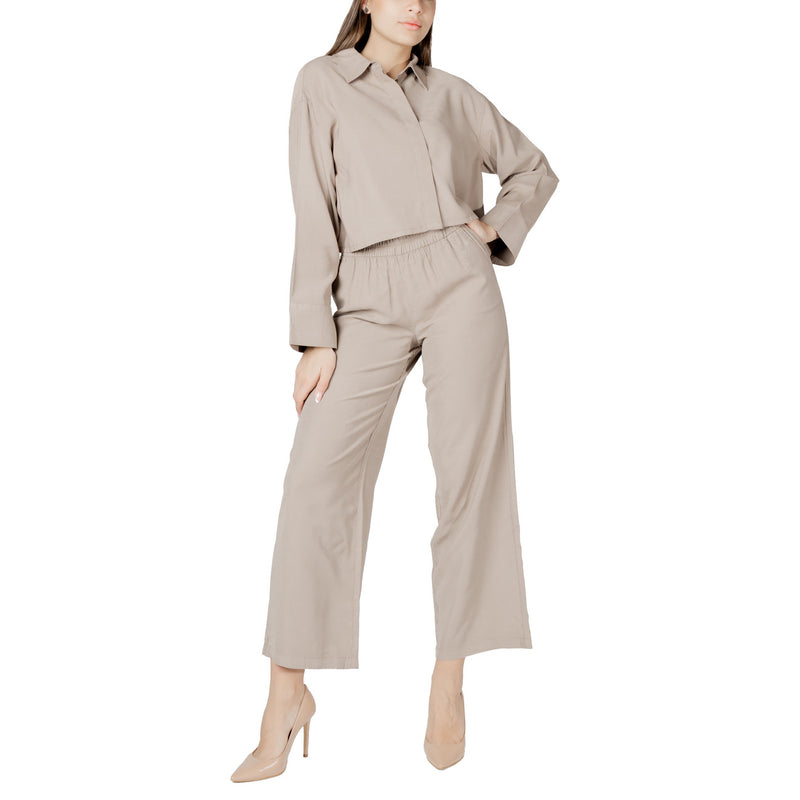Beige Viscose Long Sleeve Round Neck Blouse for Women