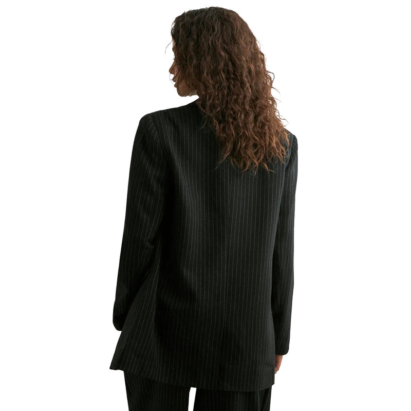 Black Pinstripe Blazer with Lapel Collar and Pockets