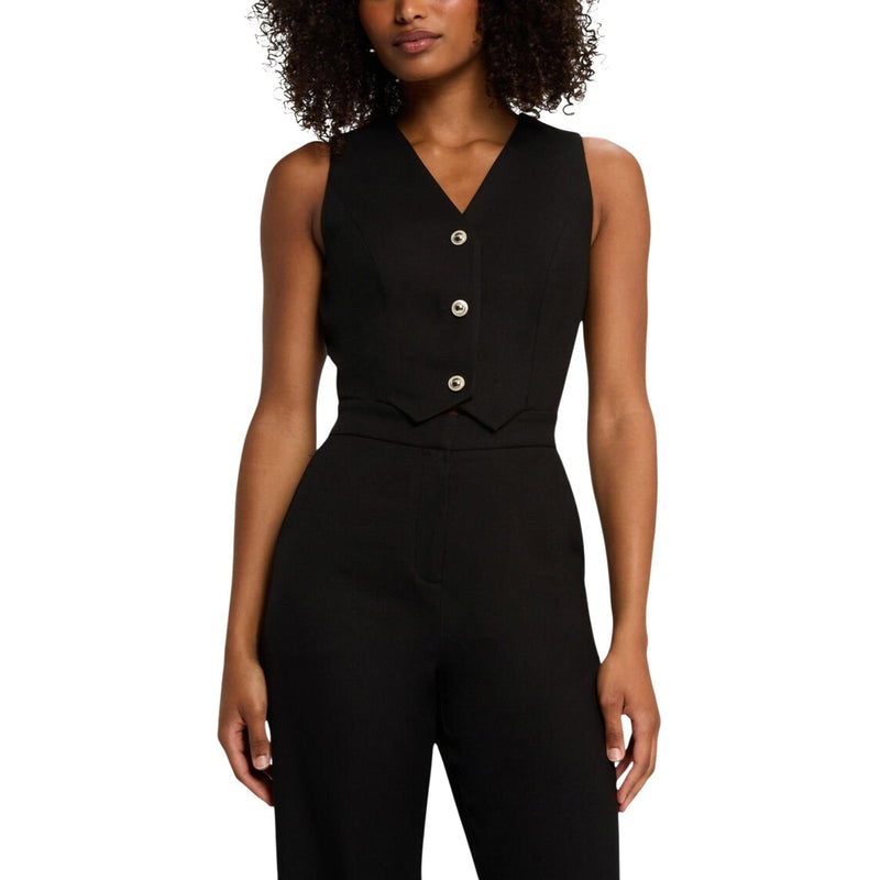 Black Sleeveless Button Front Jumpsuit with Pockets