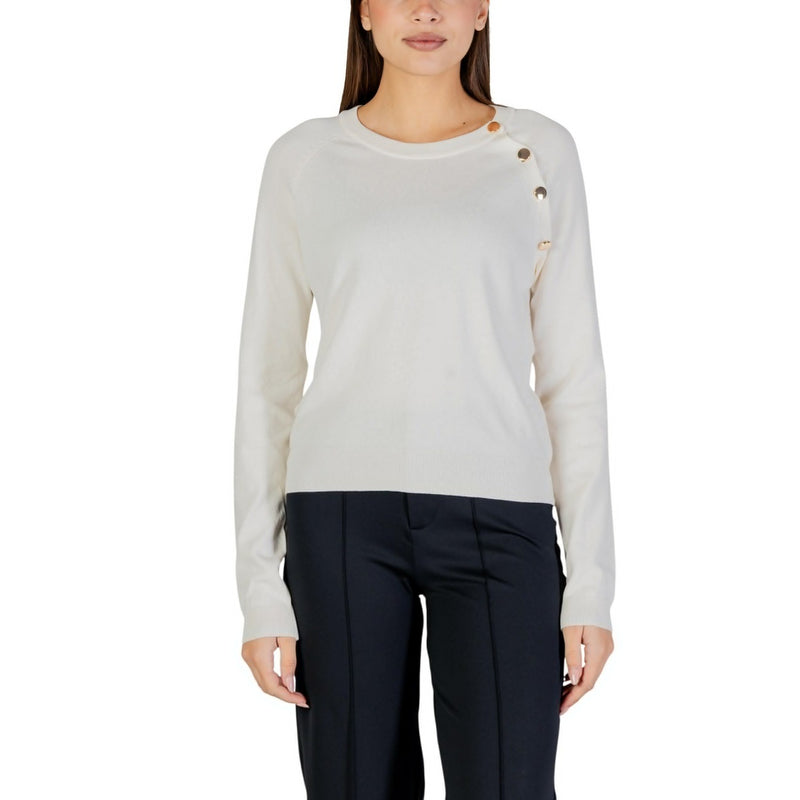 White Long Sleeve Round Neck Knit Top for Women