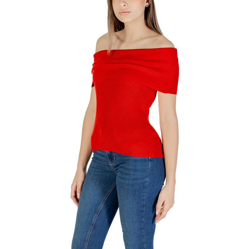 Haut en tricot sans manches à encolure bateau en coton mélangé rouge pour femmes