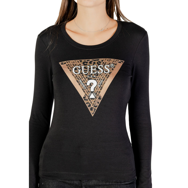 Guess Women Long Sleeve Black Round Neck Print T Shirt