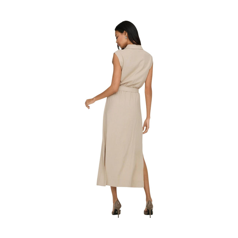 Robe en lin viscose beige sans manches avec ceinture