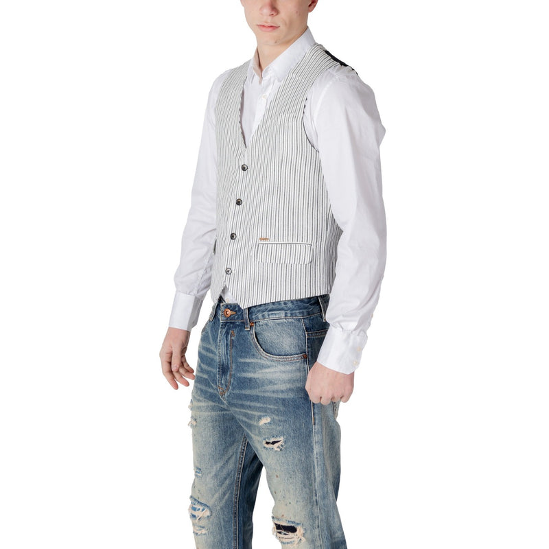 Gianni Lupo Black Pinstripe Linen Cotton Gilet for Men