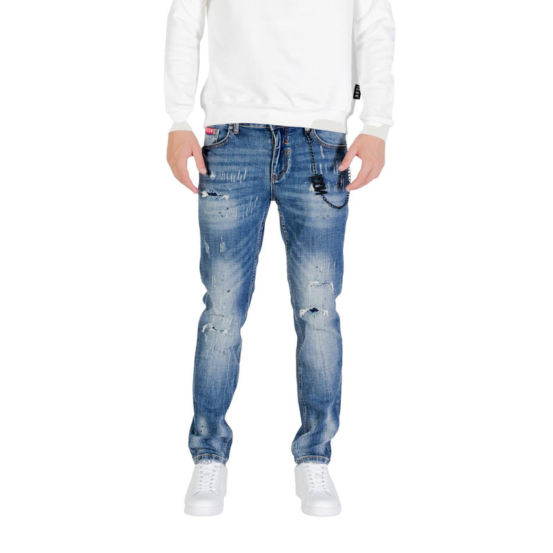 Blue Distressed Cotton Stretch Jeans for Men