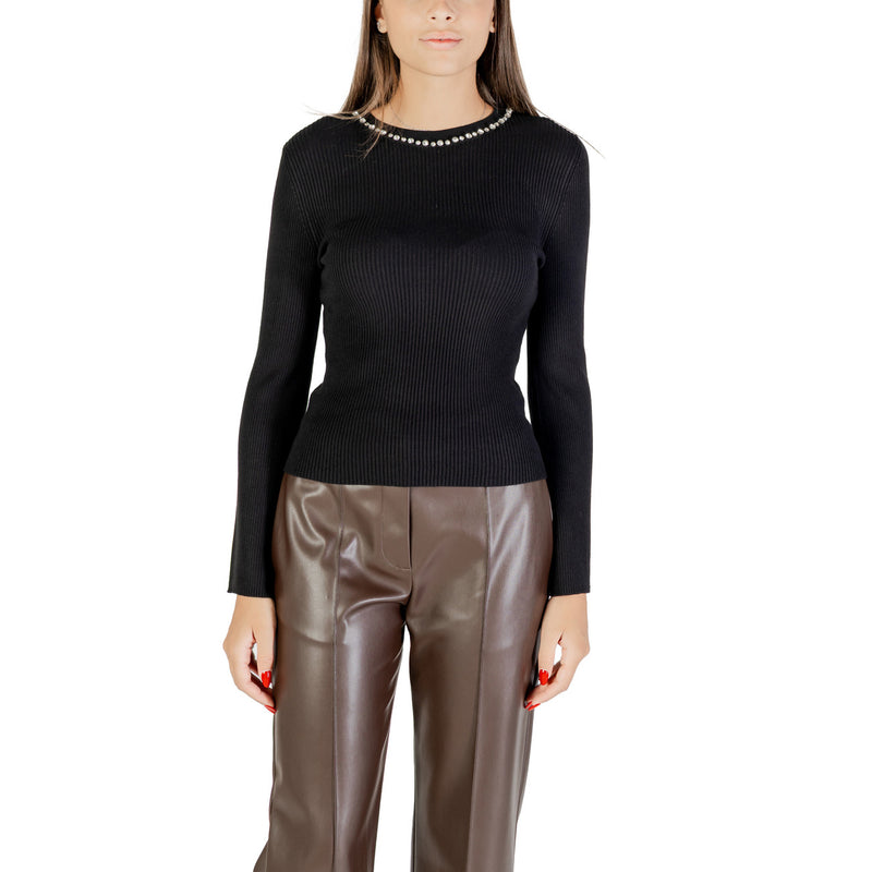 Schwarzer Langer Rundhals Damen Strickpullover mit Strasssteinen