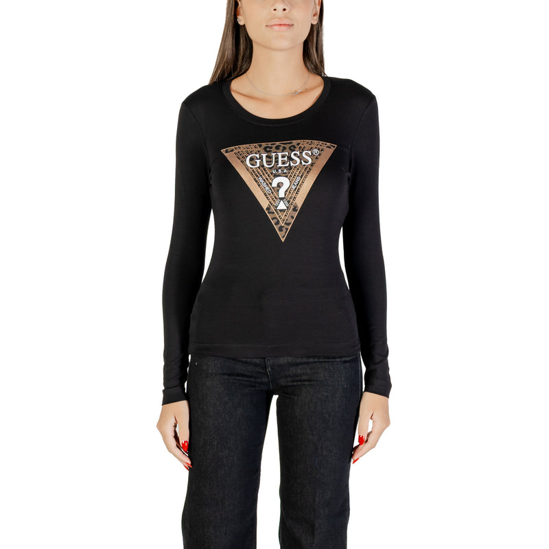 Guess Women Long Sleeve Black Round Neck Print T Shirt