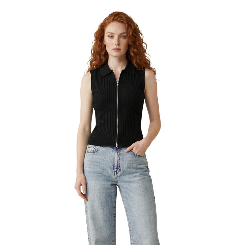 Cardigan sans manches à fermeture éclair noir pour femmes