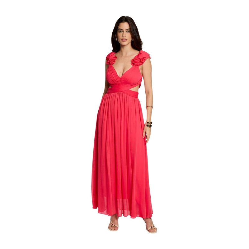 Coral Polyester V Neck Dress with Straps