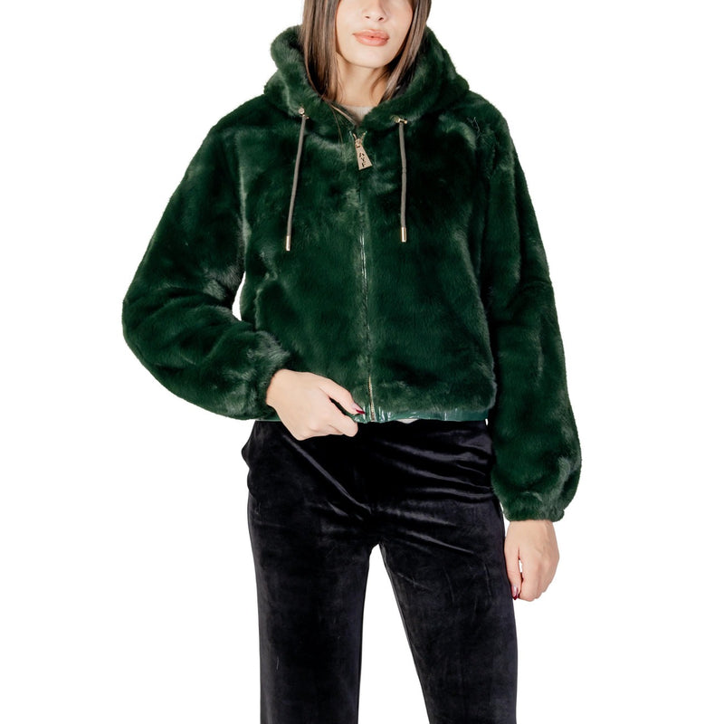 Green Hooded Polyester Blazer with Zip for Women