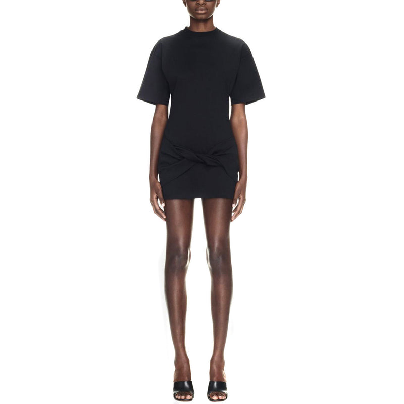 Black Mini Dress with Sculptural Heels and Knotted Detail