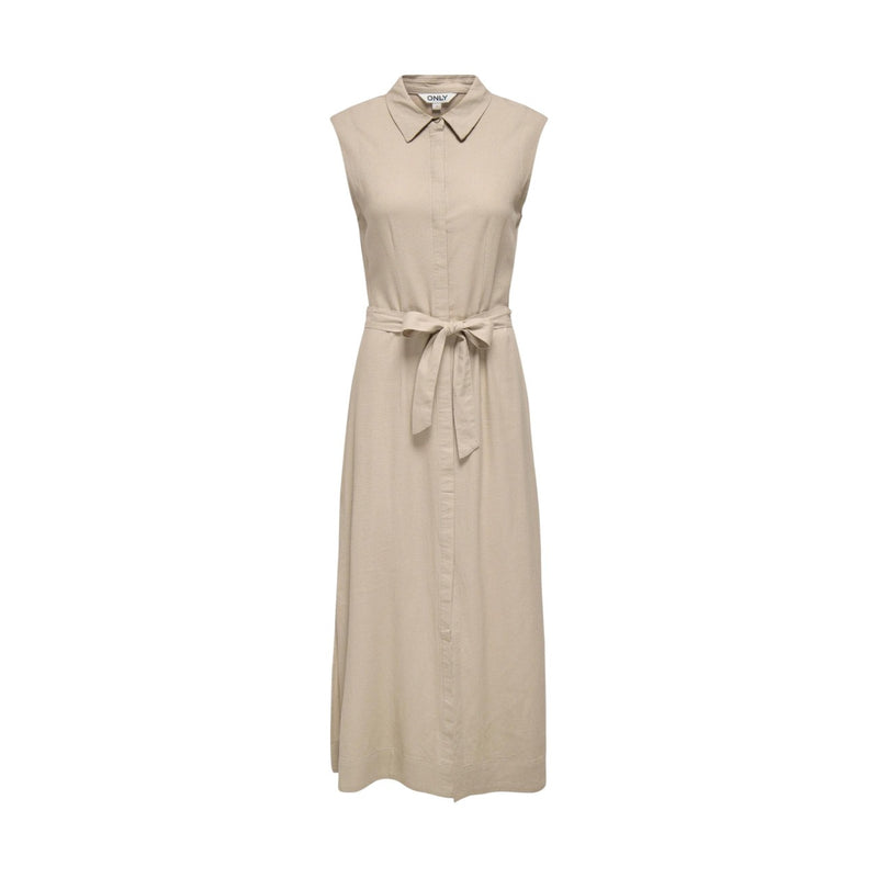 Robe en lin viscose beige sans manches avec ceinture
