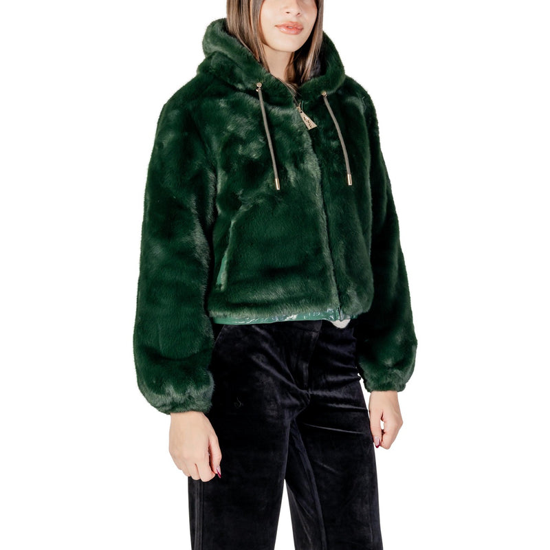 Green Hooded Polyester Blazer with Zip for Women