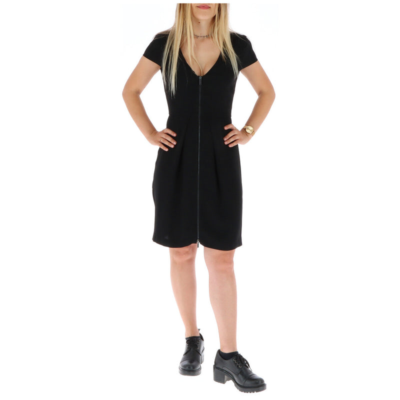 Black V Neck Sheath Dress with Back Cutout and Front Zipper