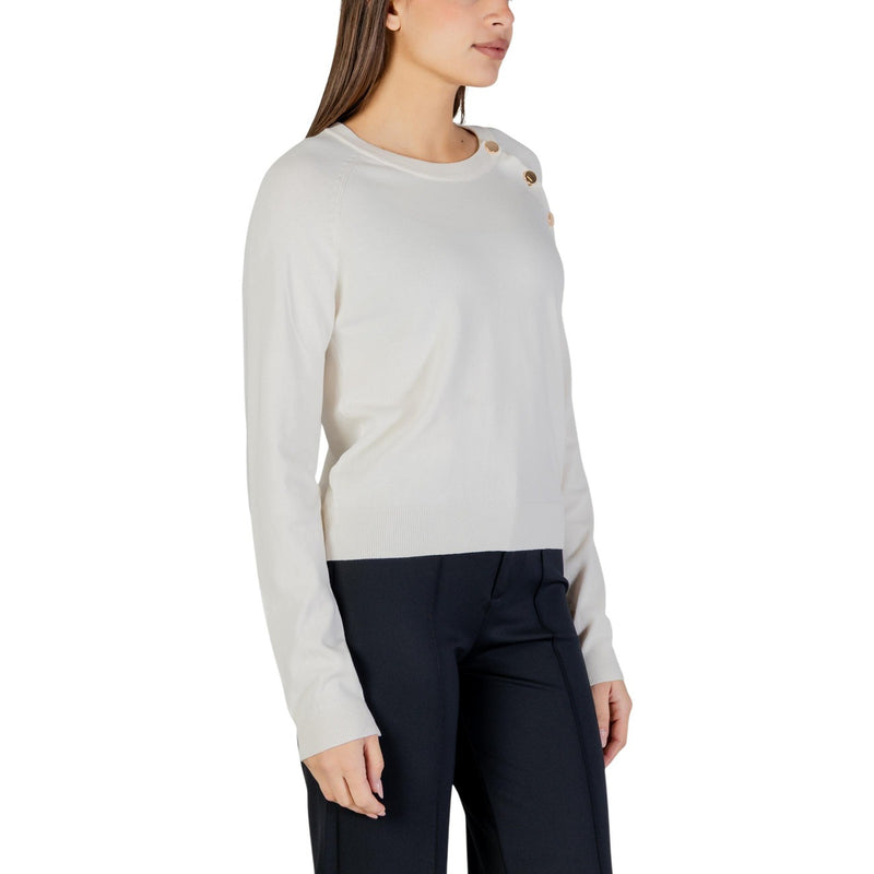 White Long Sleeve Round Neck Knit Top for Women