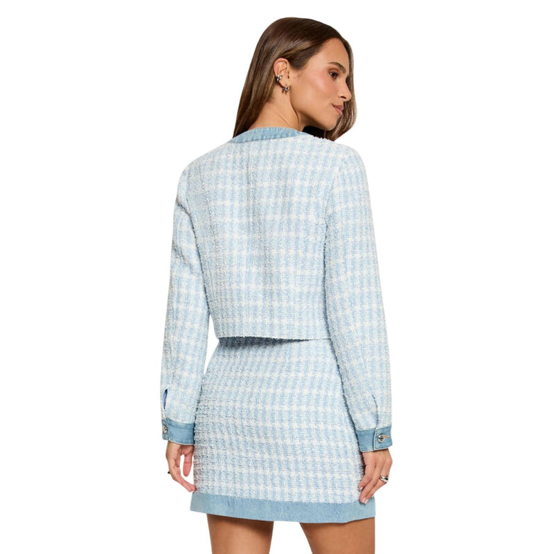 Light Blue Polyester Blazer with Round Neck and Buttons