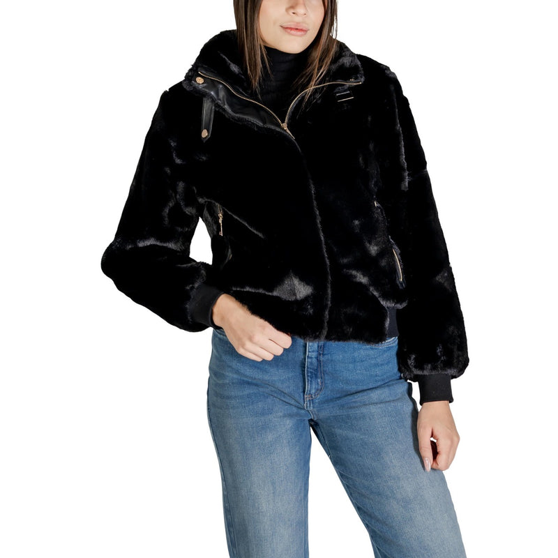 Black Polyester Blazer with Zip and Pockets for Women