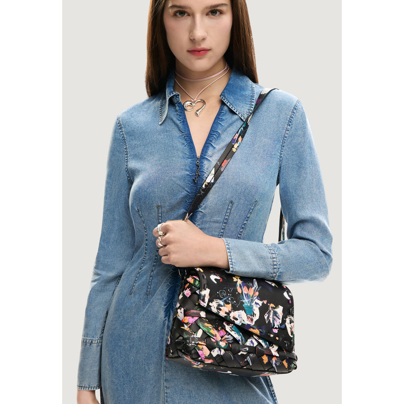 Desigual Black Print Cotton Shoulder Bag with Inside Pocket