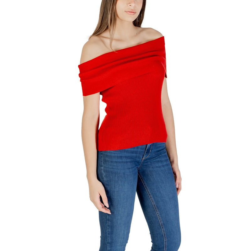 Haut en tricot sans manches à encolure bateau en coton mélangé rouge pour femmes