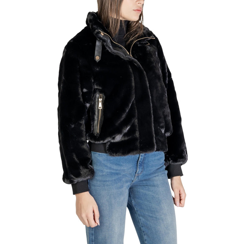 Black Polyester Blazer with Zip and Pockets for Women
