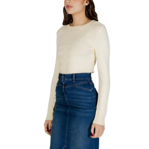 Tricot en viscose couleur crème à manches longues top à encolure ronde