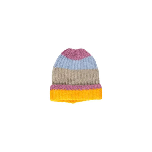 A cozy knitted yellow striped women’s beanie with dusty rose light blue beige and mustard colors for fall and winter