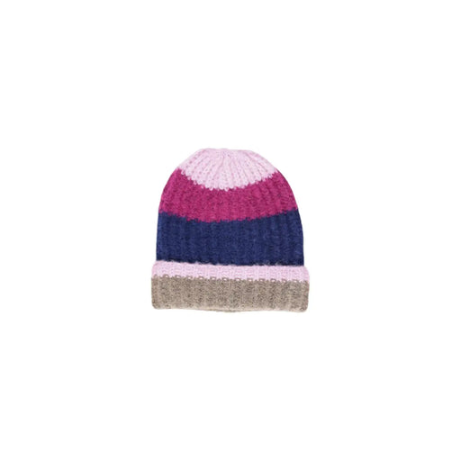 Yellow striped women’s knitted beanie cap in pink, magenta, navy, beige for fall winter