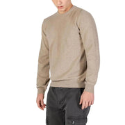 Beige crewneck sweater with ribbed cuffs and hem, likely made of cotton or a similar soft fabric.