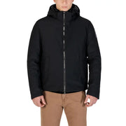 Black waterproof jacket with hood and zipper, possibly by columbia or patagonia.