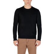 Black crew neck sweater with ribbed cuffs and hem, likely made of cotton or wool.