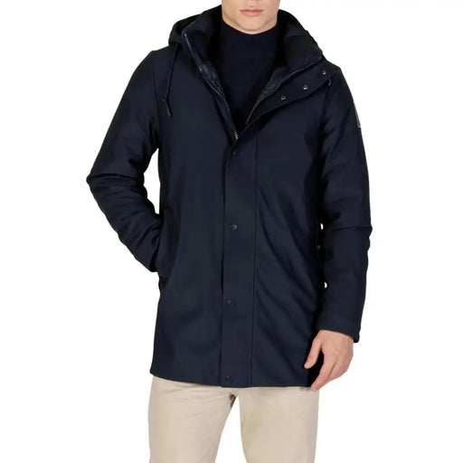 Navy blue waterproof hooded jacket with black lining and silver accents.