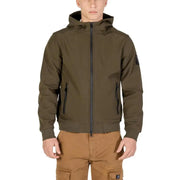 Olive green bomber jacket with hood and zipper, made of nylon material.