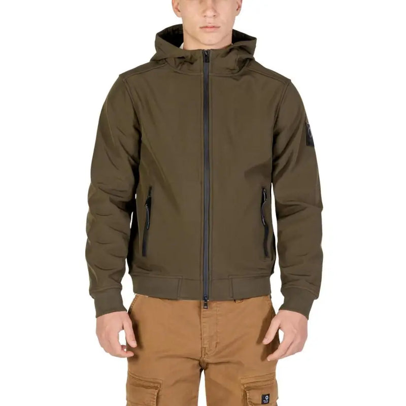 Olive green bomber jacket with hood and zipper, made of nylon material.
