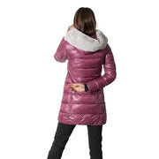 No zone women’s purple long hooded jacket featuring a shiny magenta puffer design with plush white fur-lined hood